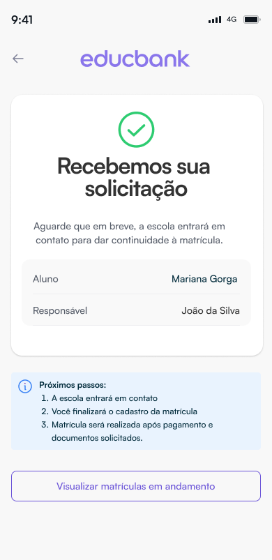 Cadastro de matrícula finalizado
