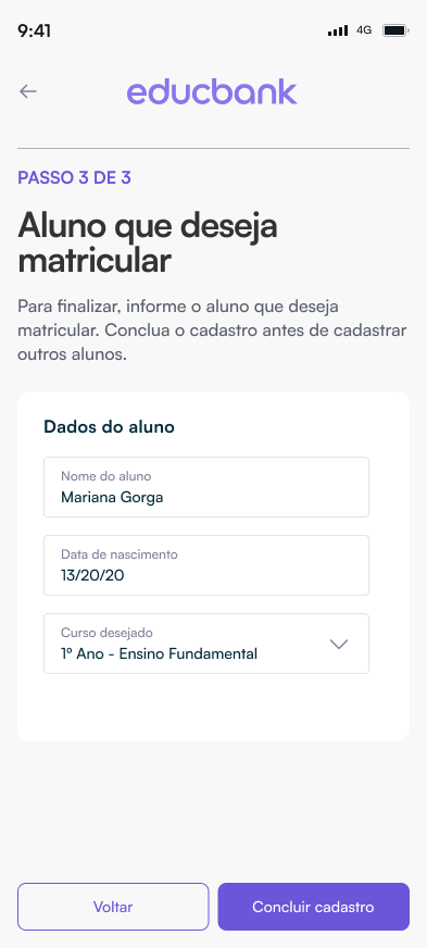 Tela de cadastro dos dados do aluno